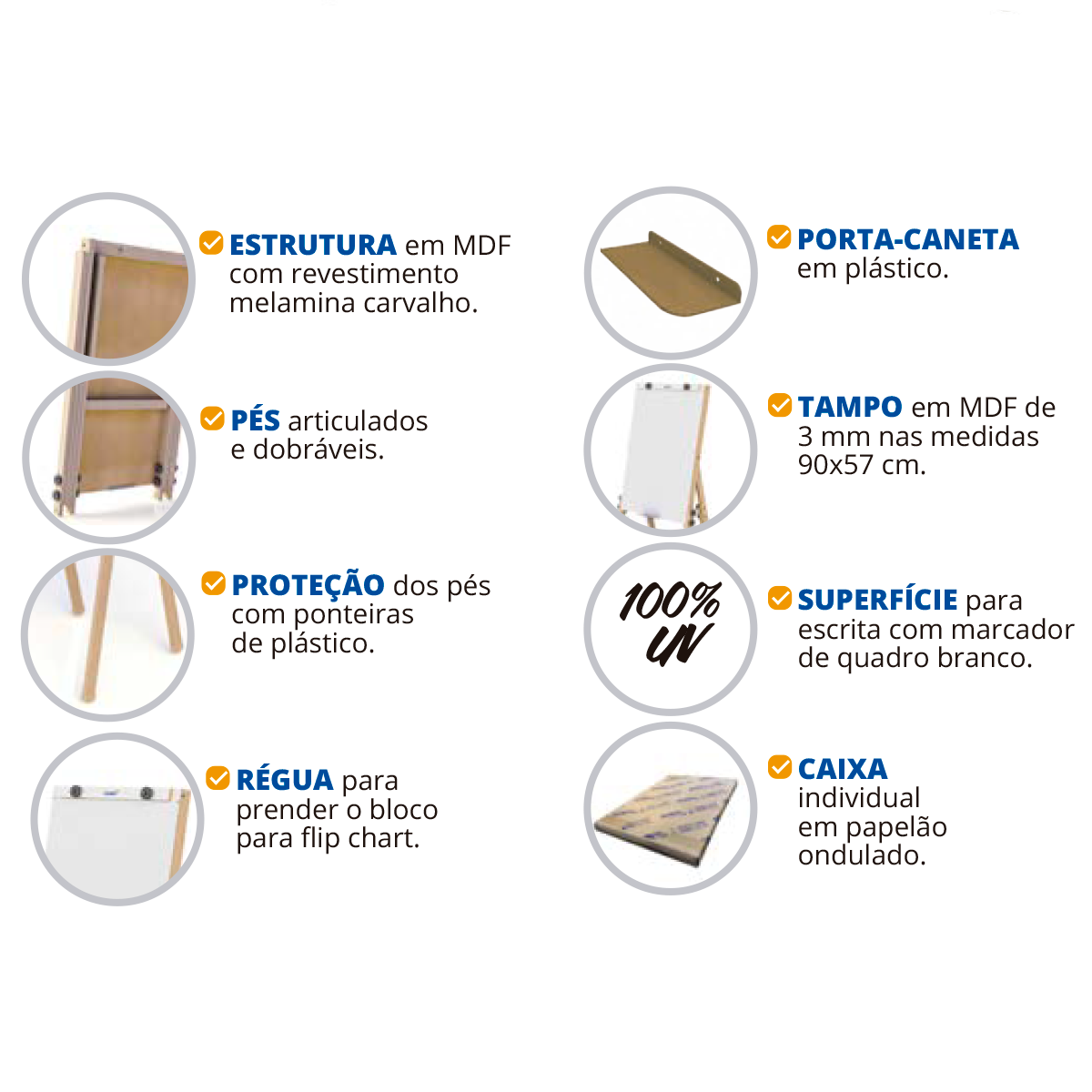 Flip Chart Lousa Quadro Branco Dobrável MDF Carvalho