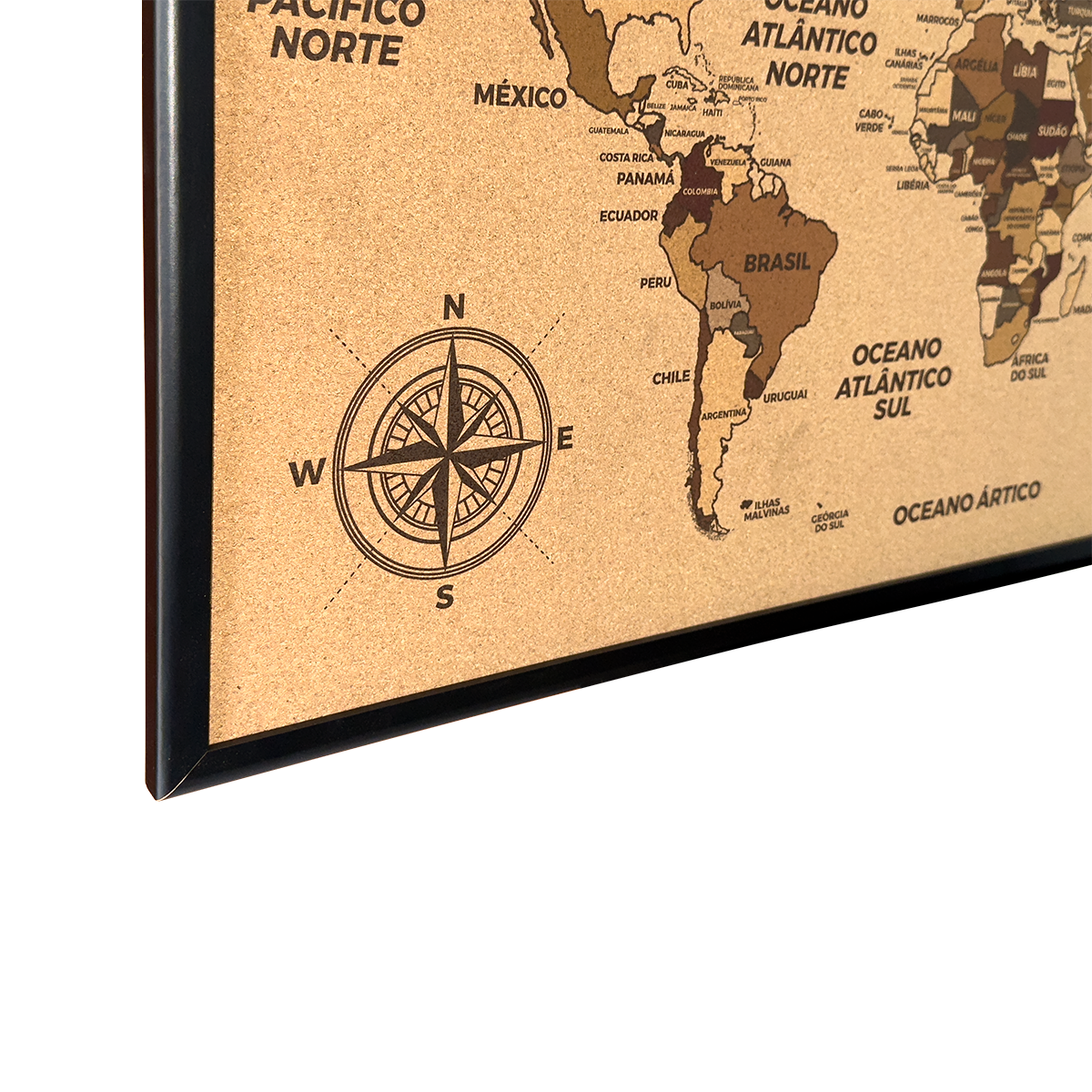 Quadro Decorativo Cortiça Mapa Mundi para Marcar Viagens