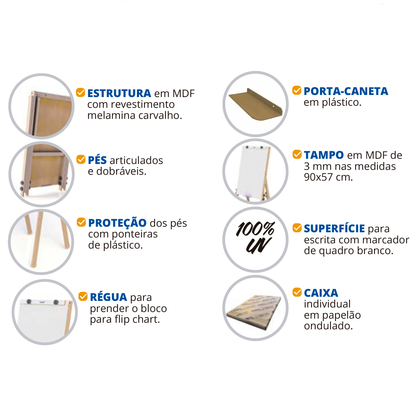 Flip Chart Lousa Quadro Branco Dobrável MDF Carvalho