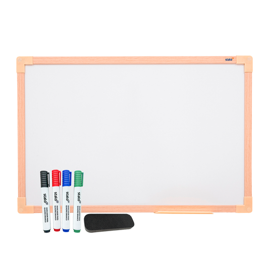 Kit Lousa Quadro Branco UV Moldura MDF Carvalho Soft + Marcadores e Apagador
