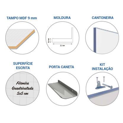 Lousa Quadro Branco Fórmica Modular Quadriculada Moldura de Alumínio Borderless