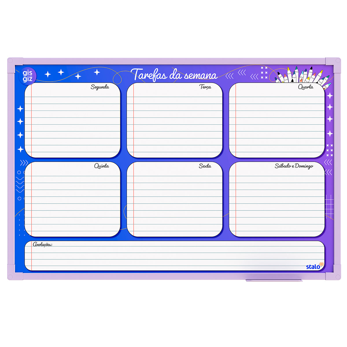 Lousa Quadro Planner Gis com Giz Planejamento Semanal Moldura MDF Lilás Soft