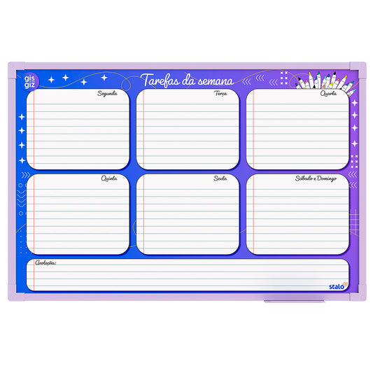Lousa Quadro Planner Gis com Giz Planejamento Semanal Moldura MDF Lilás Soft