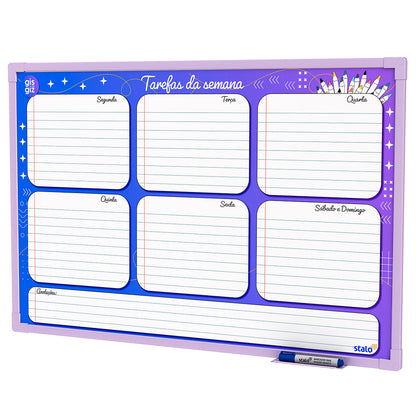 Lousa Quadro Planner Gis com Giz Planejamento Semanal Moldura MDF Lilás Soft