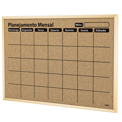 Quadro Planner Cortiça Planejamento Mensal Moldura MDF Revestido Carvalho