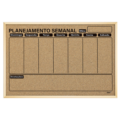 Quadro Planner Cortiça Planejamento Semanal Moldura MDF Revestido Carvalho NEO