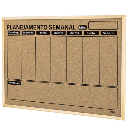Quadro Planner Cortiça Planejamento Semanal Moldura MDF Revestido Carvalho NEO