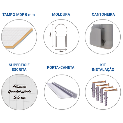 Lousa Quadro Branco Quadriculado Fórmica Moldura de Alumínio A 3 mm