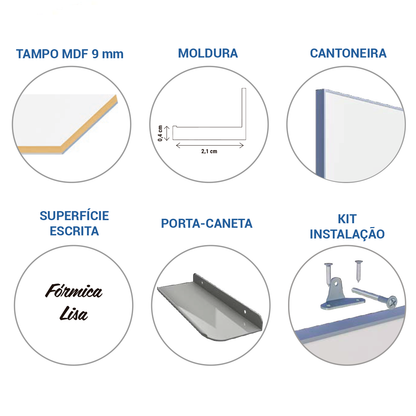 Lousa Quadro Branco Fórmica Modular Moldura de Alumínio Borderless