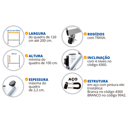 Suporte de Metal Móvel para Quadros e Lousas com Rodízio