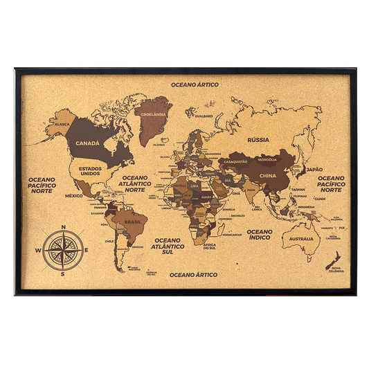 Quadro Decorativo Cortiça Mapa Mundi para Marcar Viagens